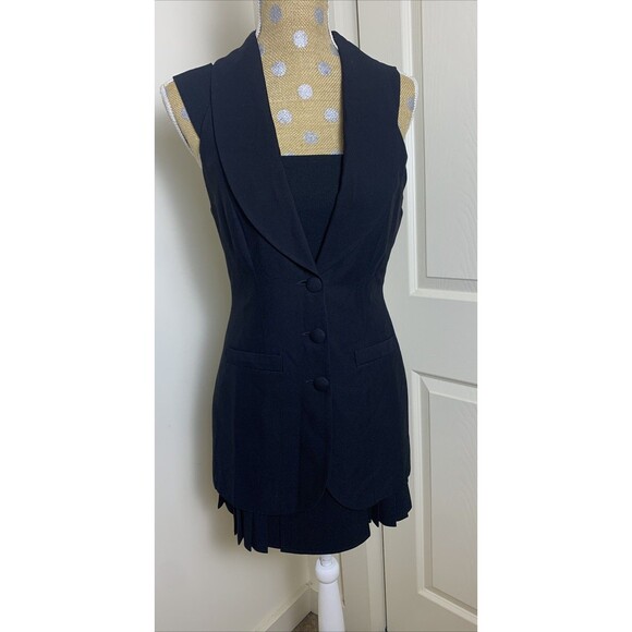 Rare VtG 80’90’BEBE Mini Pleated Dress Set Long Jacket Vest Made USA Sz 6 Small - Picture 2 of 16